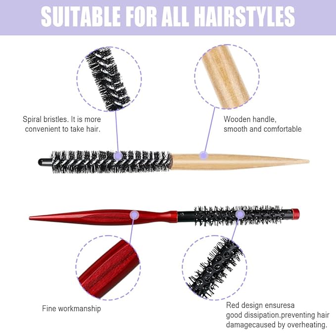 2 Styles Small Round Brush, Wooden Mini Hair Brush Roller Quiff Hair Combs, Mustache Brush, Travel Nylon Hairdressing Brushes Styling Volume Hairbrush for Curling, Short, Thin Hair