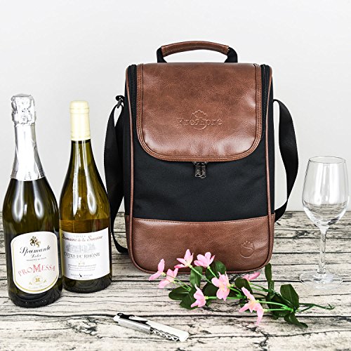 Frehore® Wine Leather Tote Cooler Insulated Bag (2 Bottle / 2-Dark Brown)