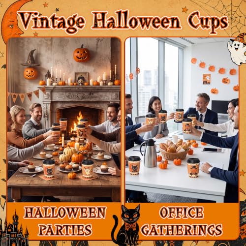 48 sets 8 oz Halloween Disposable Coffee Cups with Lids and Sleeves (Pumpkin)