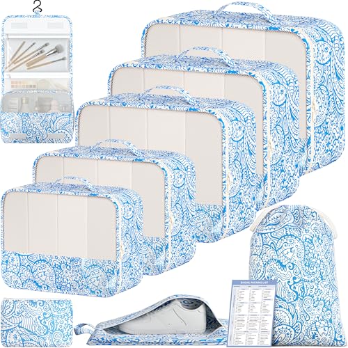 9 Set Packing Cubes with Packing List Luggage Packing Organizers for Travel Accessories (Blue paisley)
