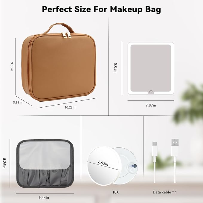 Travel Makeup Bag with LED Mirror and 10x magnifying glass with 3 Lighted - Image 8
