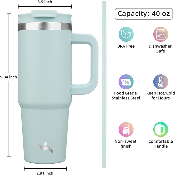 40 oz Tumbler with Handle and 2 Straws, 2 in 1 Lid Insulated Water Bottle - Image 4