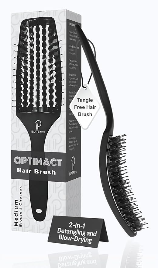 Curved Vented for Blow Drying - Boar Bristle Brush (Medium) with Comfortable Handle - Soft Bristle Brush for Thick and Fine Hair - Natural Boar Bristles for Women, Men & Kids - Black