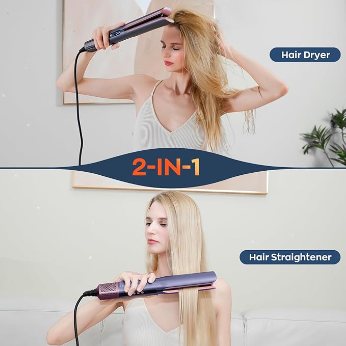 Hair Straightener – 2 in 1 Wet to Dry Air Straightener with High-Speed Ionic Airflow, Straightens Using air, No Heat Damage, Smart Temperature Control for Medium to Long Hair (35-75cm) (Purple)