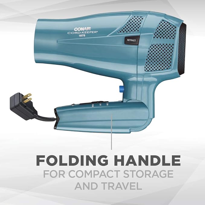 Conair Cord-Keeper Dryer with Folding Handle and Retractable Cord,1875W Travel Hair Dryer,Ionic Technology,Teal,(Pack of 4)