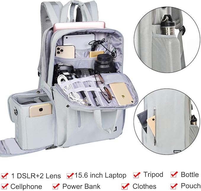 CADeN Camera Backpack w/ 15.6" Laptop Compartment, USB Charge Port, Tripod - Image 2