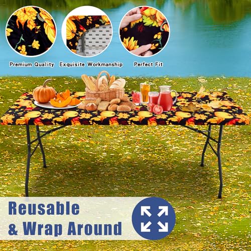 2 Pack Rectangle Spandex 8FT Elastic Fitted Thanksgiving Tablecloth (Rust & Black / 96" x 30" (Rectangular))