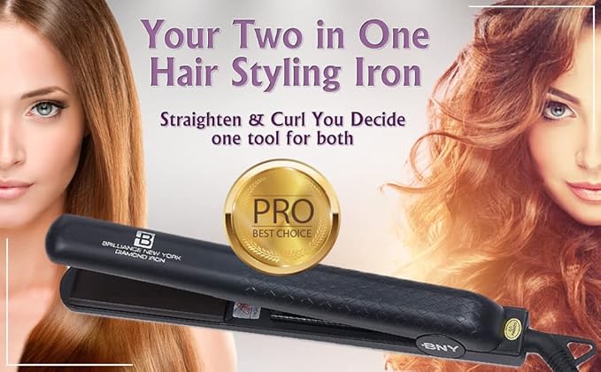 Brilliance New York - 1.25 Inch Diamond Ceramic Flat Iron - Frizz-Free and Anti-Static Ionic Plates - Dual Voltage Flat Iron for Travel