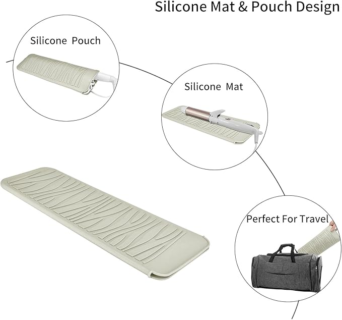 Silicone Heat Resistant Mat, Protects Surfaces from Heat Damage, Provides Slip Resistance, and Offers Multipurpose Storage for Hot Hair Styling Tools (1 Pack, Beige)