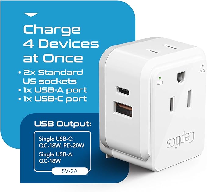 Ceptics Chile, Italy Travel Plug Adapter Set, Chile plug adapter USB-USB-C 20W - Image 7
