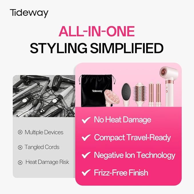 Tideway Prowaver 6-in-1 Hot Air Styler Wrap Dual Voltage Ionic Professional Hair Dryer Brush with Auto Wrap Curlers &Volumizing Brush for Fast Drying& Frizz Free Hair with No Heat Damage for Women