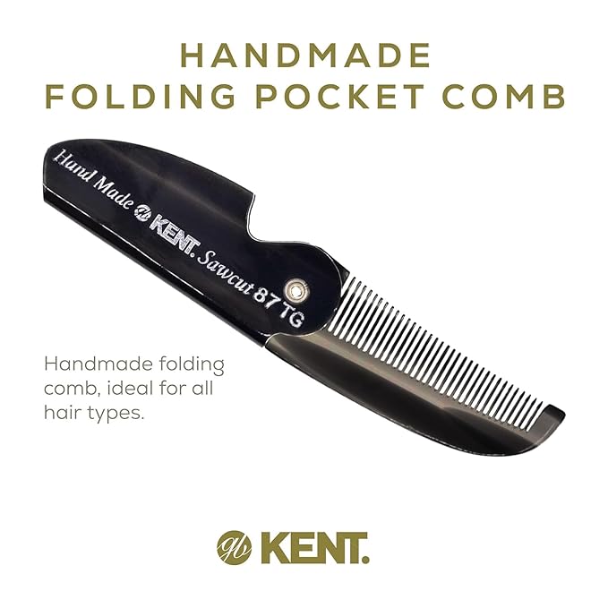 Kent 87T Black Graphite Handmade Folding Pocket Comb for Men, Fine Tooth Hair Comb Straightener for Everyday Grooming Styling Hair, Beard or Mustache, Saw Cut Hand Polished, Made in England (3 Pack)