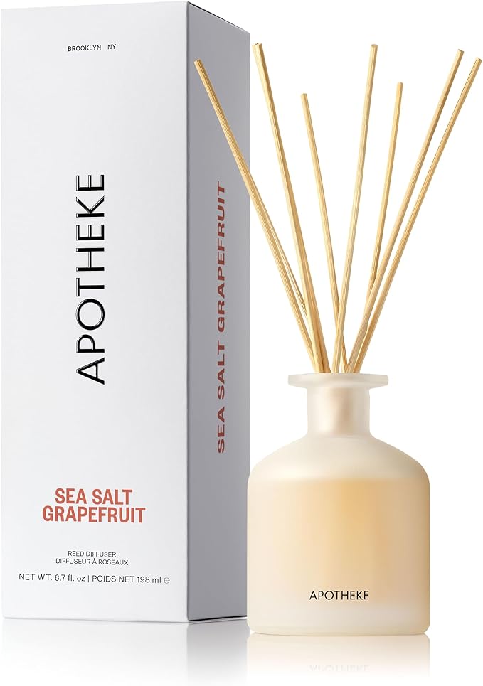Apotheke Luxury Scented Reed Diffuser for Home, Sea Salt Grapefruit - 6.7 Fl Oz Essential Oil Aromatherapy - 10 Rattan Scent Sticks Room Diffuser - Long-Lasting Fragrance for Bedroom, Home, Bathroom