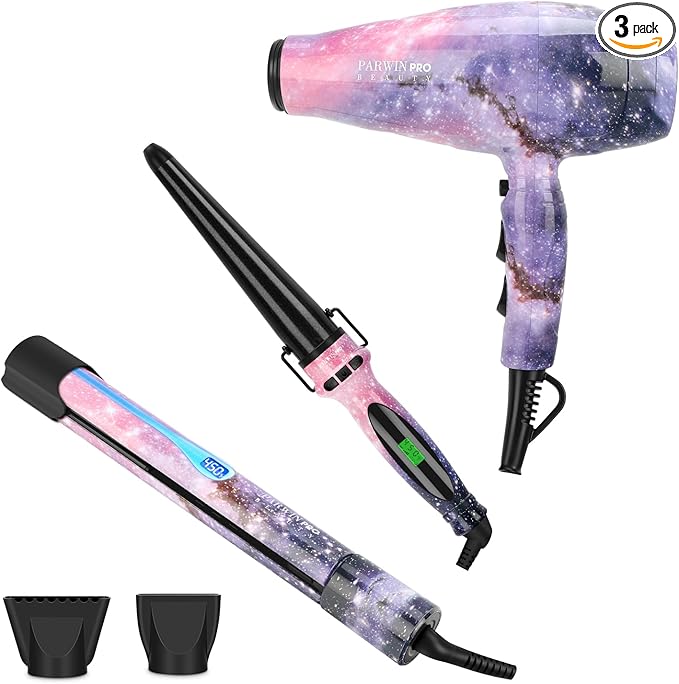 3 in 1 1875W Hair Dryer Straightening Curling Iron, PARWIN PRO BEAUTY Hair Styling Set, Valentine Gift, Ion Hair Dryer, Flat Iron Hair Straightener, Cone Curling Iron, Gift Set,Galaxy Pattern