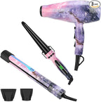 3 in 1 1875W Hair Dryer Straightening Curling Iron, PARWIN PRO BEAUTY Hair Styling Set, Valentine Gift, Ion Hair Dryer, Flat Iron Hair Straightener, Cone Curling Iron, Gift Set,Galaxy Pattern