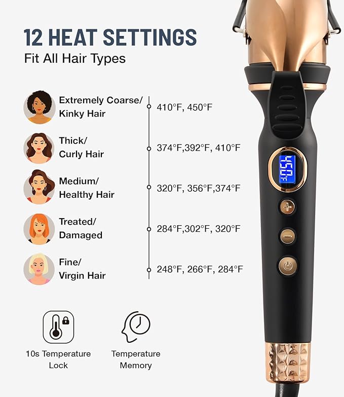 Titanium 2 Inch Curling Iron，Extra-Long Barrel for Long Hair, Curling Iron 2 Inch with Dual PTC Heater, 12 Heat Settings Big Barrel Curling Irons, 60 Mins Auto-Off & Dual Voltage