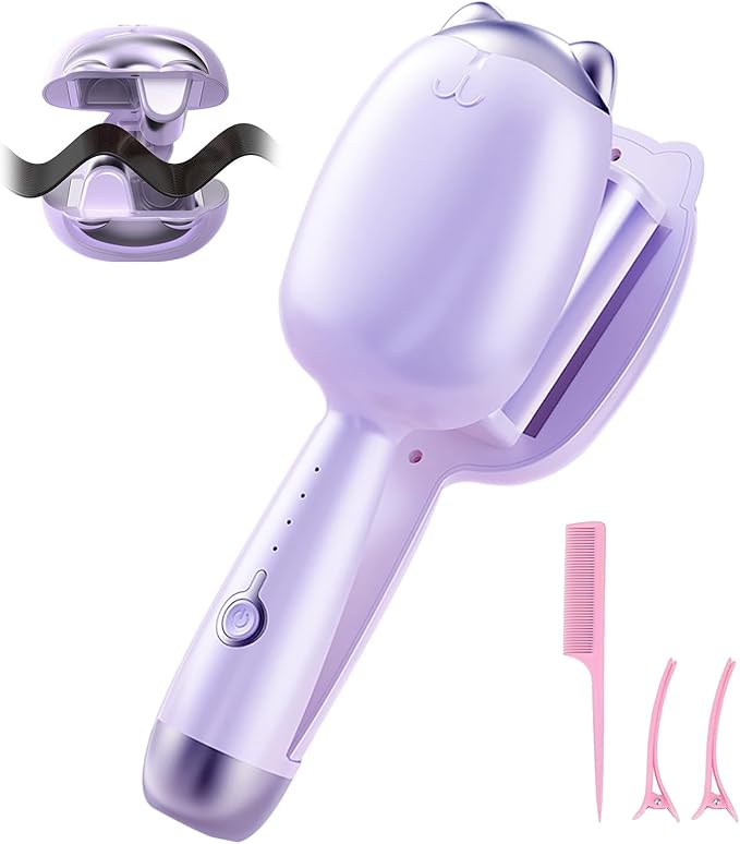 Crimper Hair Tool, Beach Waves Curling Wand,Ionic Hair Waver with 1.26 Inch Double Barrel for Women，Easy to Use，Four-Speed Adjustment and Automatic Power-Off, Purple