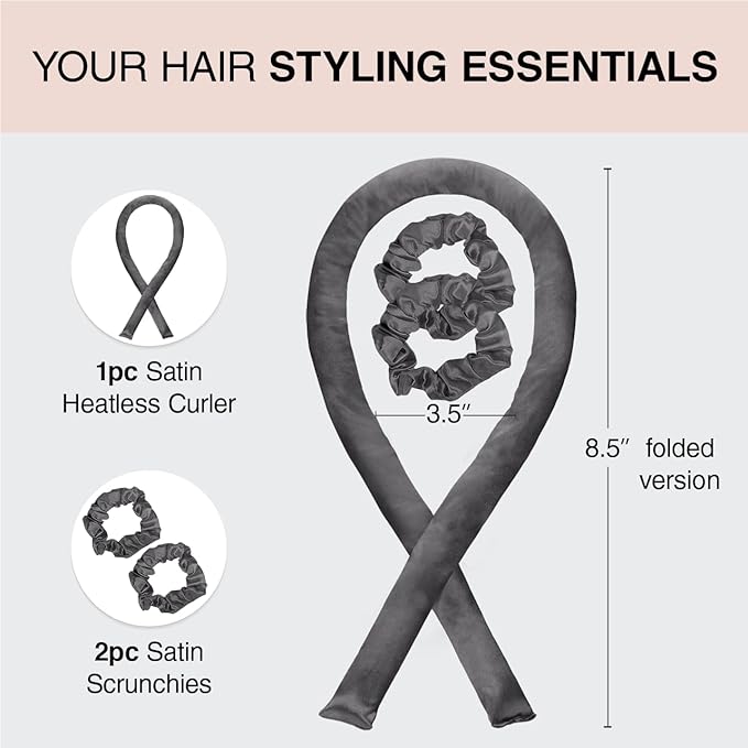 Kitsch Satin Heatless Curlers Set – Heatless Curls Overnight with 34" Hair Curler & 2 Satin Scrunchies – Comfortable Hair Curlers to Sleep In for Frizz-Free, No Heat Damage Styling - Charcoal