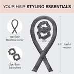 Kitsch Satin Heatless Curlers Set – Heatless Curls Overnight with 34" Hair Curler & 2 Satin Scrunchies – Comfortable Hair Curlers to Sleep In for Frizz-Free, No Heat Damage Styling - Charcoal