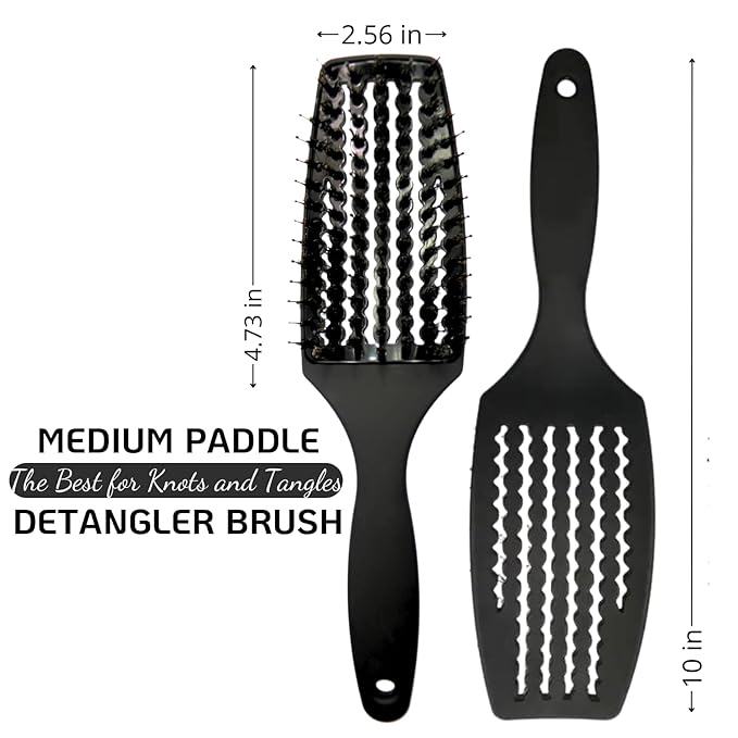 Curved Vented for Blow Drying - Boar Bristle Brush (Medium) with Comfortable Handle - Soft Bristle Brush for Thick and Fine Hair - Natural Boar Bristles for Women, Men & Kids - Black