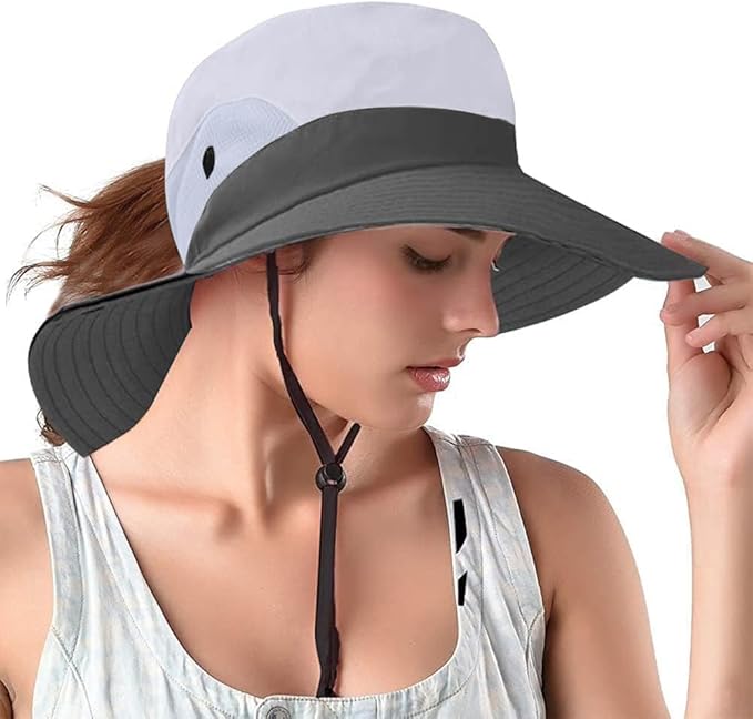 Rosoz Ponytail Sun Bucket Hats for Women UV Protection Foldable Mesh Wide Brim by Rosoz