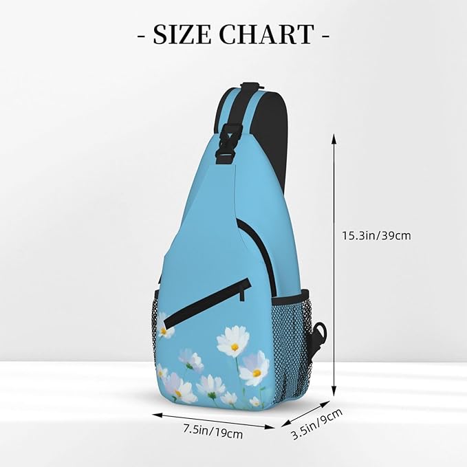 Sling Bag White Flower Blue Summer Hiking Daypack Crossbody Shoulder Backpack - Image 3