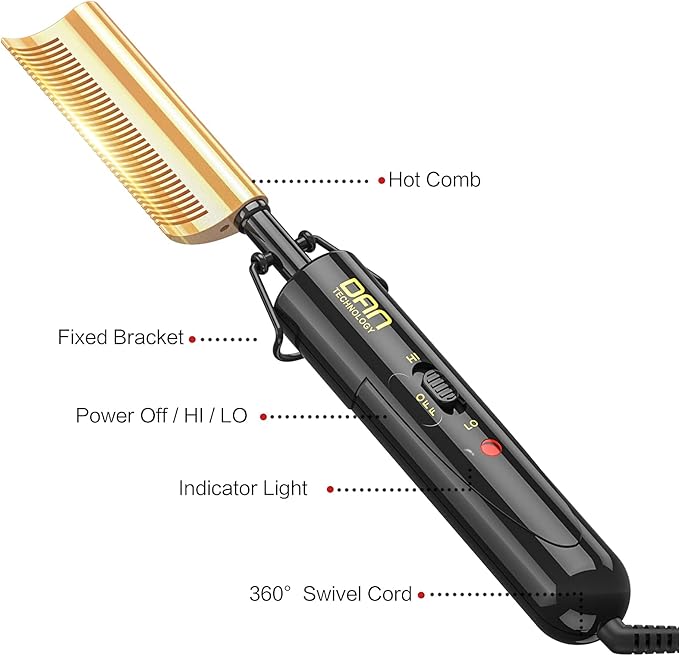 DAN Technology Curved Ceramic Hair Straightener and Heat Press Comb, 450°F Dual Voltage for Natural Black Hair, Portable for Travel & Home