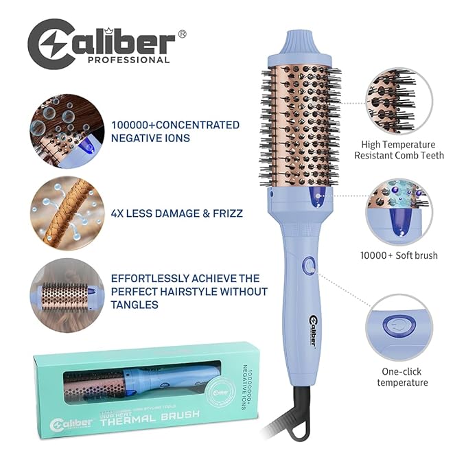 Caliber Viva Heat Thermal Hair Brush, Professional Styling Tool with Negative Ion Technology, Blue (1-1/4 inch（32mm）)