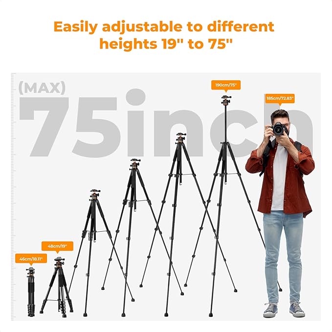 K&F Concept 75 inch/190cm Camera Tripod, Lightweight Travel Outdoor DSLR Tripods - Image 5