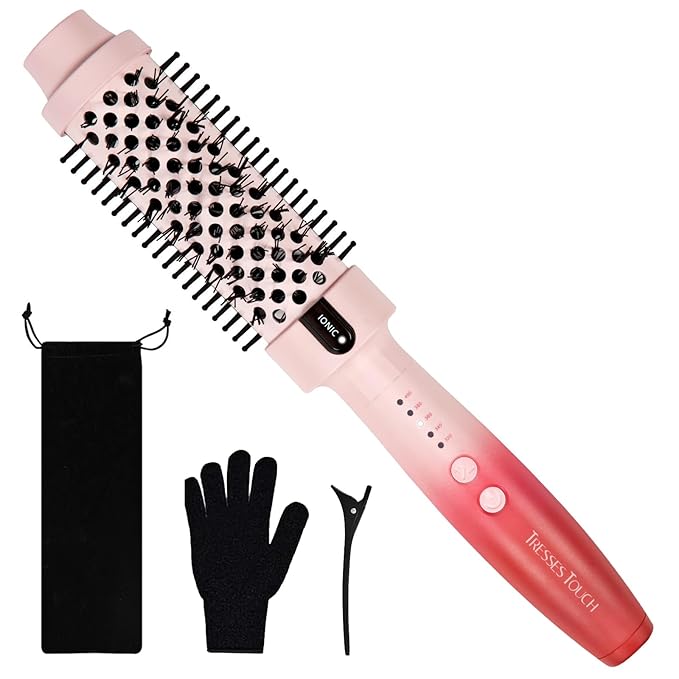 Thermal Brush, Blowout Long Lasting Look Curling Brush, 30s Fast Heated Round Brushes 1.5" Makes Hair Smoother Get Natural Curls, 5 Temp Settings, Universal Voltage for Travel, Easy to Use, Pink Red