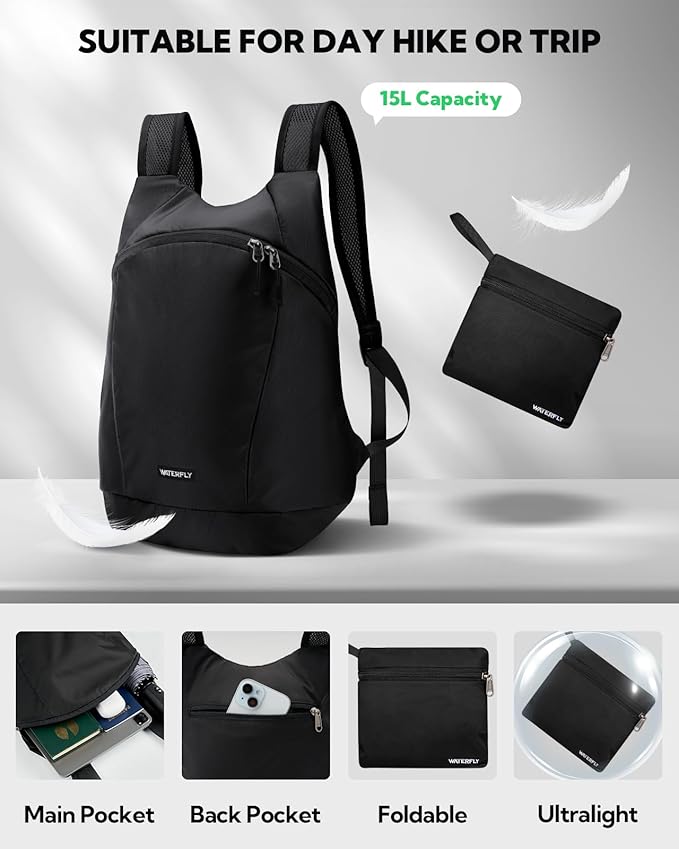 WATERFLY Foldable Lightweight Hiking Backpack: 15L Packable Traveling Daypack - Image 3