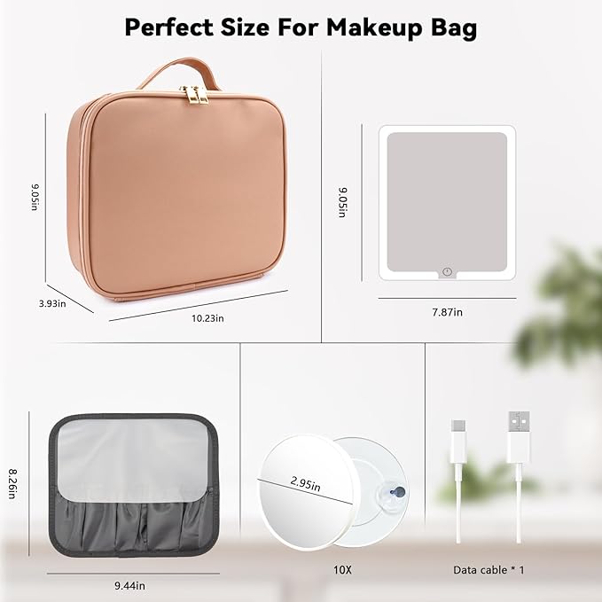 Travel Makeup Bag with LED Mirror and 10x magnifying glass with 3 Lighted - Image 8