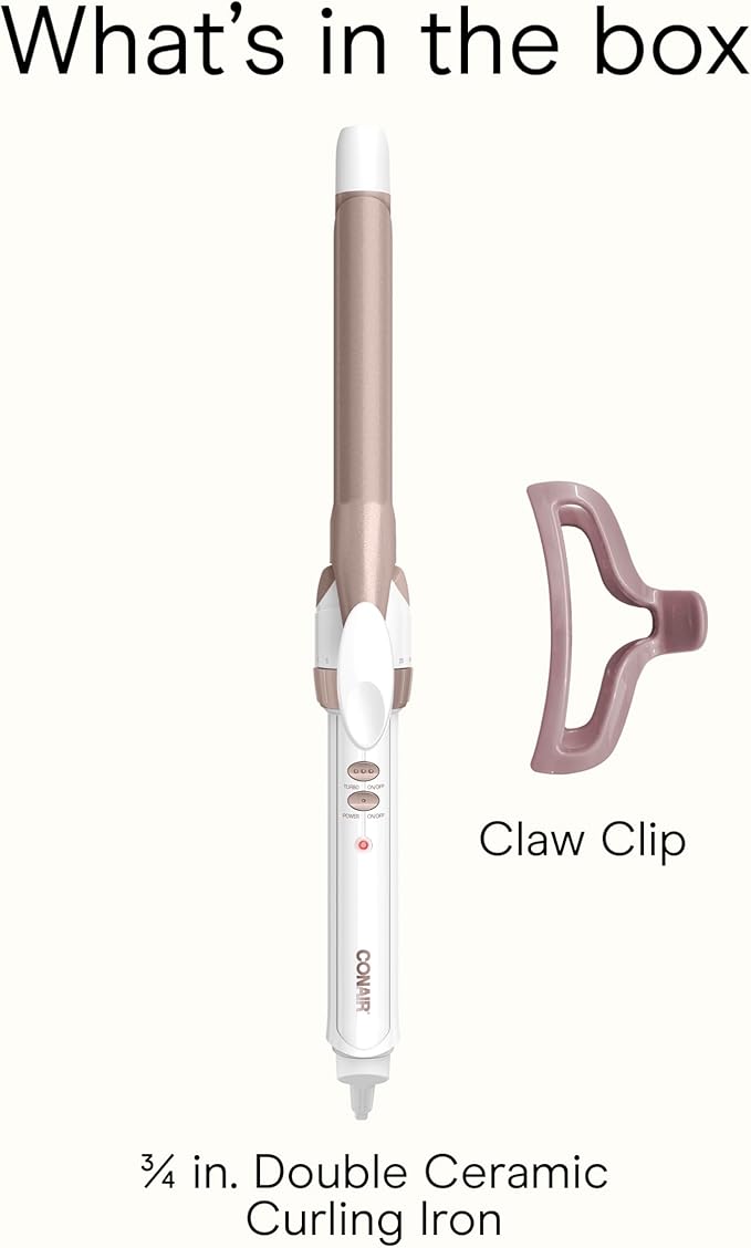 Conair Double Ceramic ¾-Inch Curling Iron with Claw Clip, ¾-Inch Barrel Creates Tight Curls, Hair Curler for Use on Short, Medium, & Long Hair, White/Rose Gold