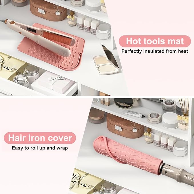Flat Iron Heat Resistant Silicone Mat for Curling Iron, Hair Straightener Heat Pad, Curling Iron Sleeve, Travel Case Heat Resistant and Other Hair Styling Tools, for Counter, 9 x 6.5 in, Pink