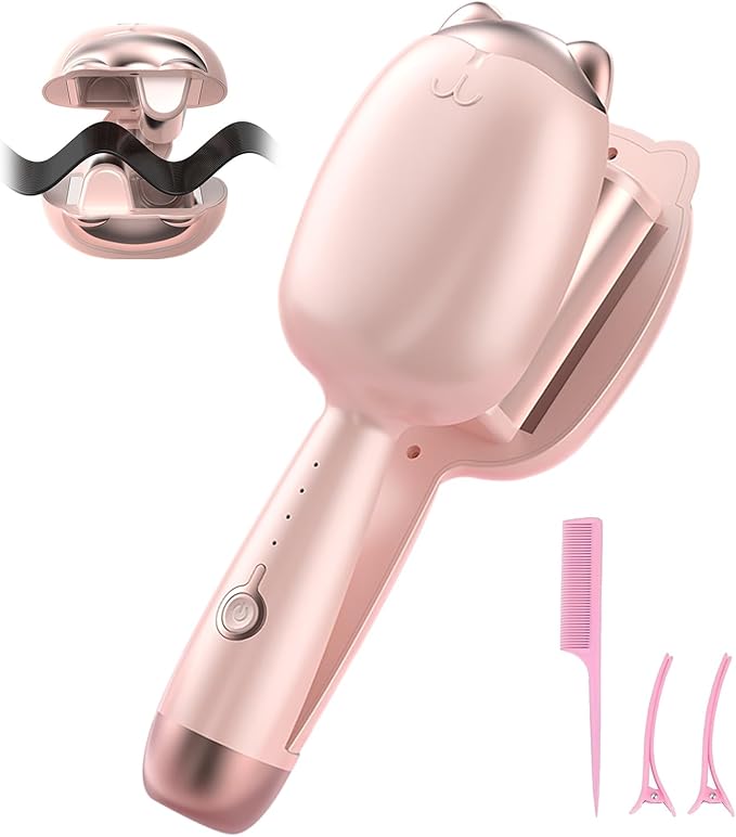 Crimper Hair Tool, Beach Waves Curling Wand,Ionic Hair Waver with 1.26 Inch Double Barrel for Women，Easy to Use，Four-Speed Adjustment and Automatic Power-Off,Pink