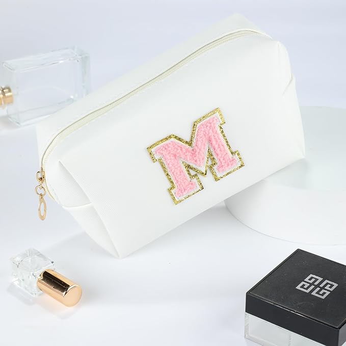 MSQ Personalized Makeup Bag Initial A-Z Patch Bag, PU Leather Cosmetic Bag Pouch Travel Toiletry Bag with Zipper, Gift Ideal for Teen Girls Friend Mom Women Birthday (White M)