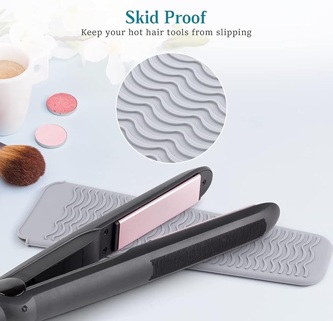Heat Resistant Mat for Hot Tools, Silicone Curling Iron Mat & Holder for Vanity Top, Portable Flat Iron Mat & Sleeve Travel Case Organizer Container Styling Station