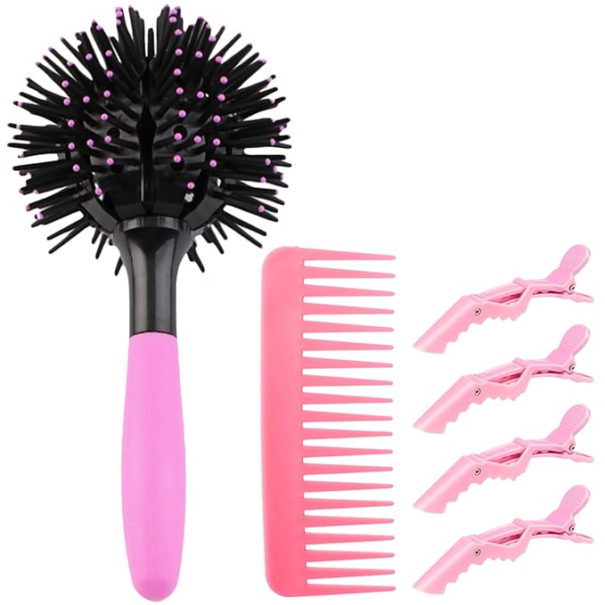 Drying Hair Brush 3D Round Hair Brushes With Alligator Hair Clips and Wide Tooth Comb Women Blow Detangling Ball Hair brush 360° Curly Styling Circle Hair Comb