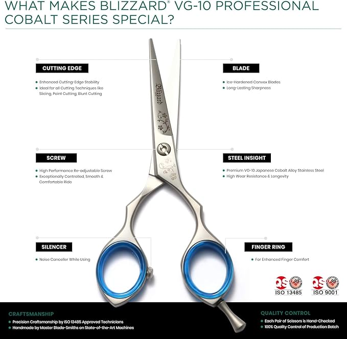 Blizzard Professional Hair Cutting Scissors – 6 inch VG10 Cobalt Haircut Shears with Razor Sharp Blades - Matt Finish Barber Hairdressing Travel Case for Salons & Home Use