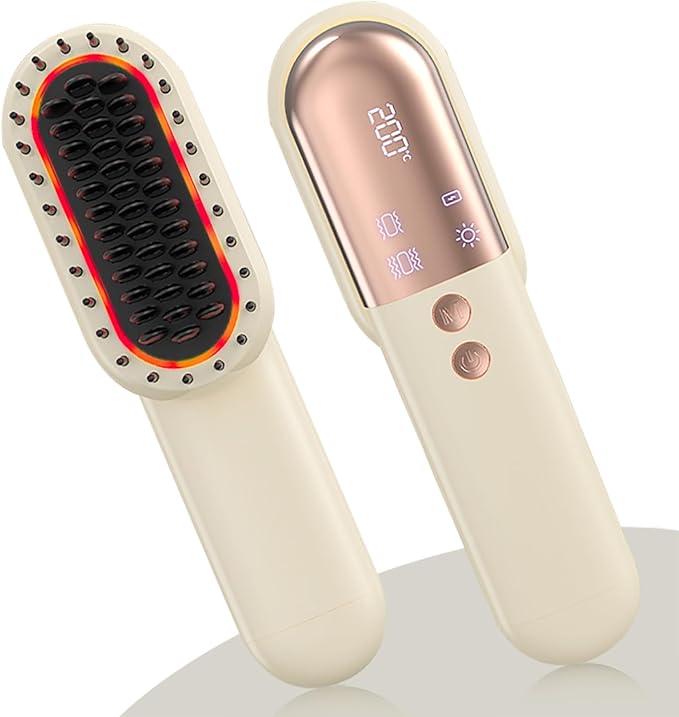 Cordless Hair Straightener Brush Minor Hair Straightening Brush Portable Travel Tool LCD Display Rechargeable Lightweight Anti-Scald Heated Styling Appliances for Effortless Sleek Hair (White)