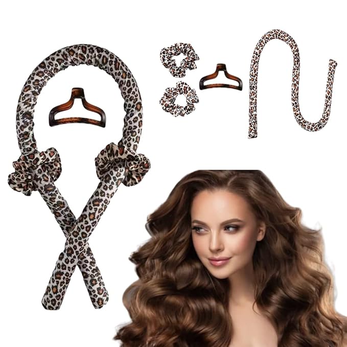 GADZHI Heatless Curling Rod Headband Heatless Hair Roller Curls Set for Long Hair No Heat Silk Hair Wrap Curler Ribbon for Overnight Sleep Hair Roller with Hair Claw Clip DIY Hair Styling Tools (2 set - leopard+pink)