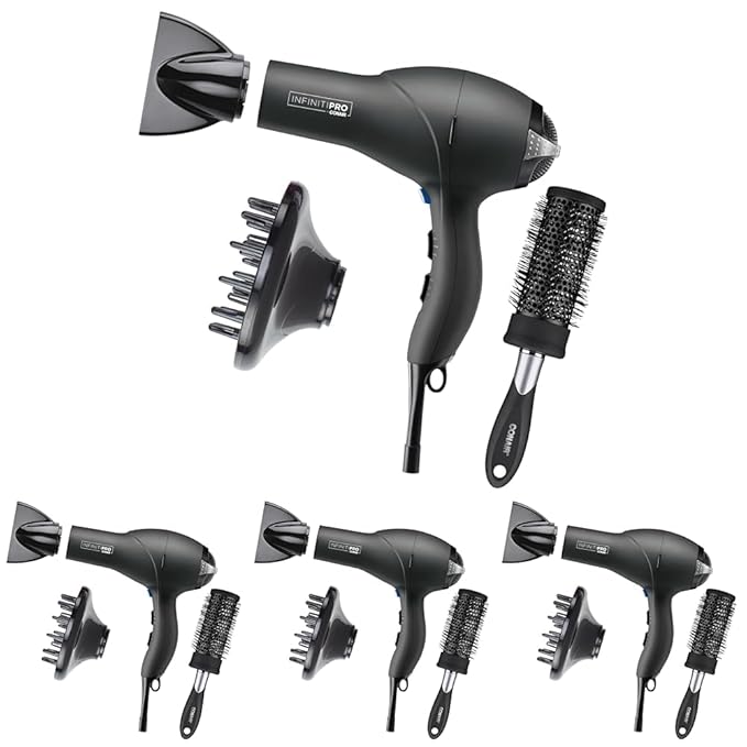 Infiniti PRO CONAIR Hair Dryer with Diffuser,Professional AC Motor,Tourmaline Ceramic Technology Blow Dryer,Includes Concentrator and Blowout Brush,Amazon Exclusive,Gray,(Pack of 4)