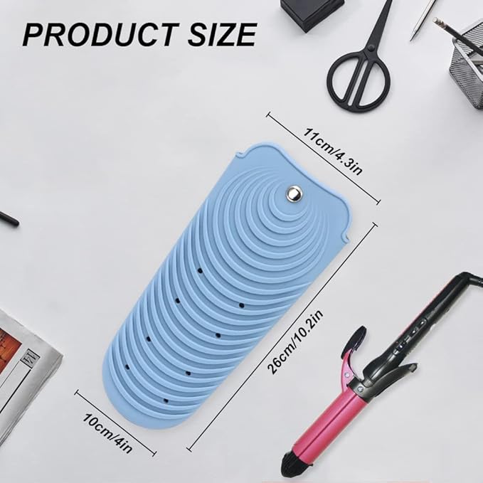 Heat Insulating Silicone Mat Pouch for Hair Straightener, Anti-Slip Travel Pad Cover for Curling & Flat Iron, Portable Styling Heat Mat Holder for Curler Wand and Hot Waver (Blue)