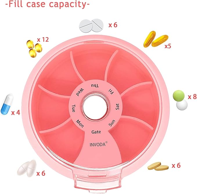 12PCS INVODA Weekly Pill Organizer 7 Compartment Rotating Pill Box - Image 5