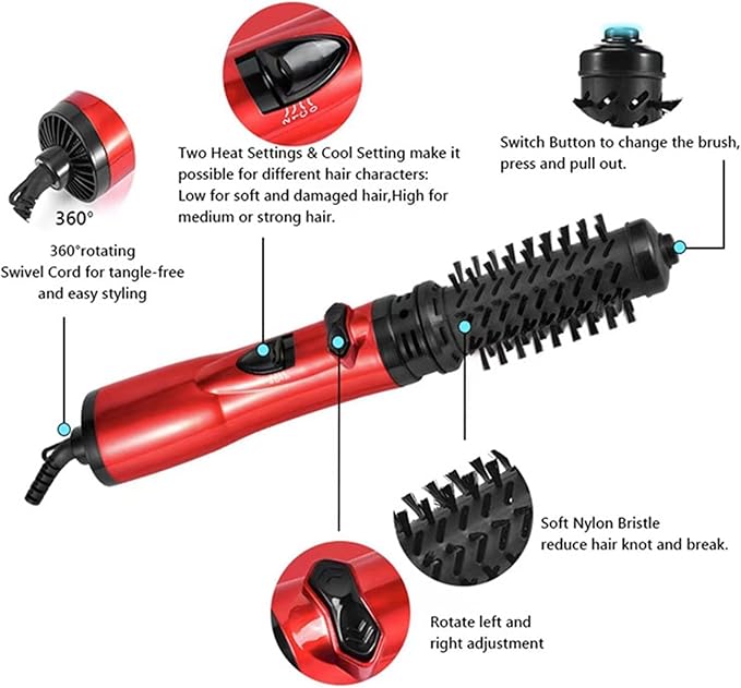 3-in-1 Hot Air Styler and Rotating Hair Dryer, Spin Hair Dryer Brush with 2 Interchangeable Brush, Anti-frizz Hot Air Spin Brush Set for Straightening, Drying, and Curling (Red)