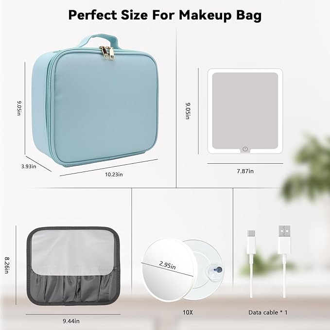 Travel Makeup Bag with LED Mirror and 10x magnifying glass with 3 Lighted - Image 8
