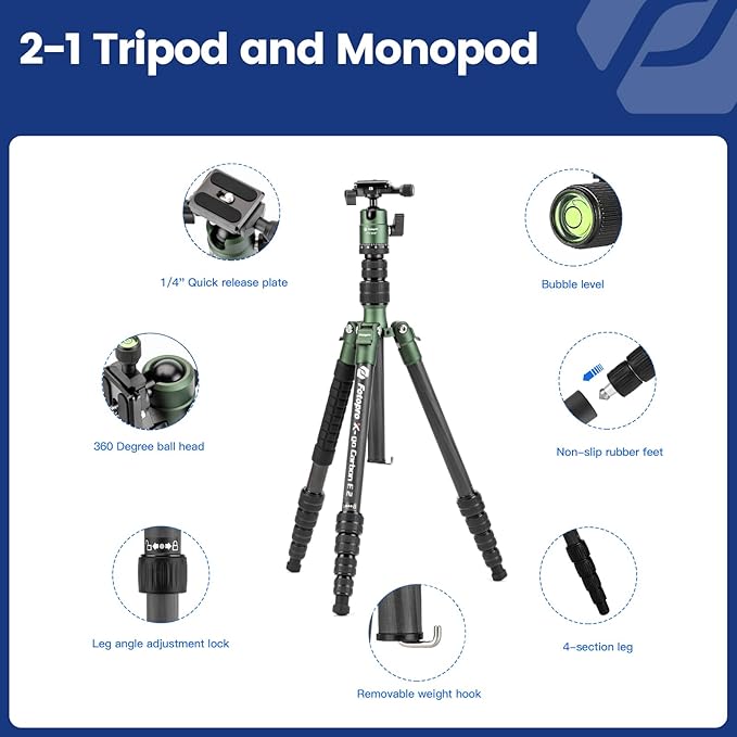 Fotopro 59" Carbon Fiber Travel Tripod, Compact Camera Tripod - Image 6