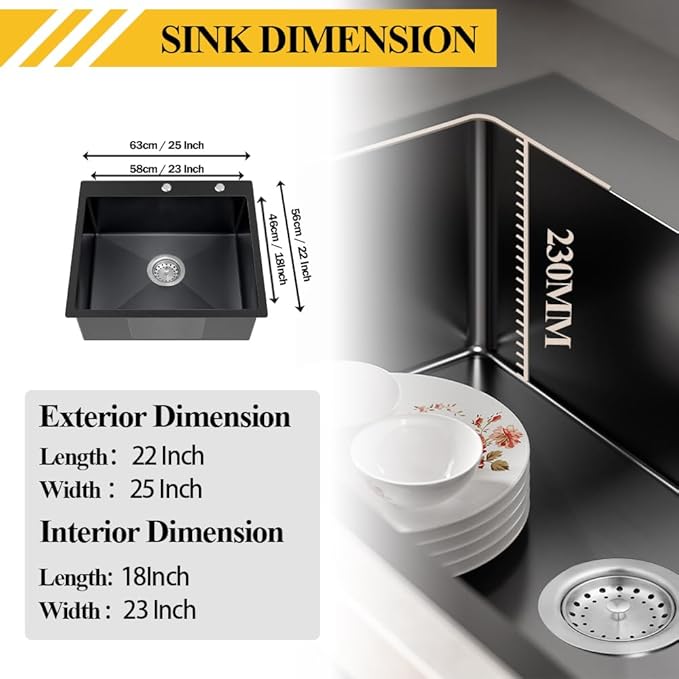 Black Kitchen Sink, Stainless Steel Topmount 25x22x9 Inch Single Bowl Drop In - Image 6