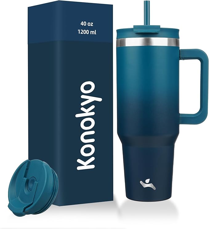 40 oz Tumbler with Handle and 2 Straws, 2 in 1 Lid Insulated Water Bottle by Konokyo