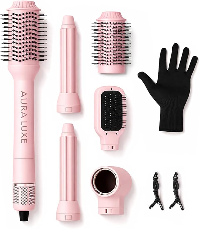 Blow Dryer Brush Set 5 in 1 with Curling Barrels, Volumizing Round & Straightening Brush, Hot Air Hair Styler Multi Styler for Blowouts, Travel Friendly, Pink – AURA LUXE